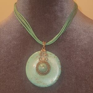 Artisan Green Stone Necklace with Gold Accents